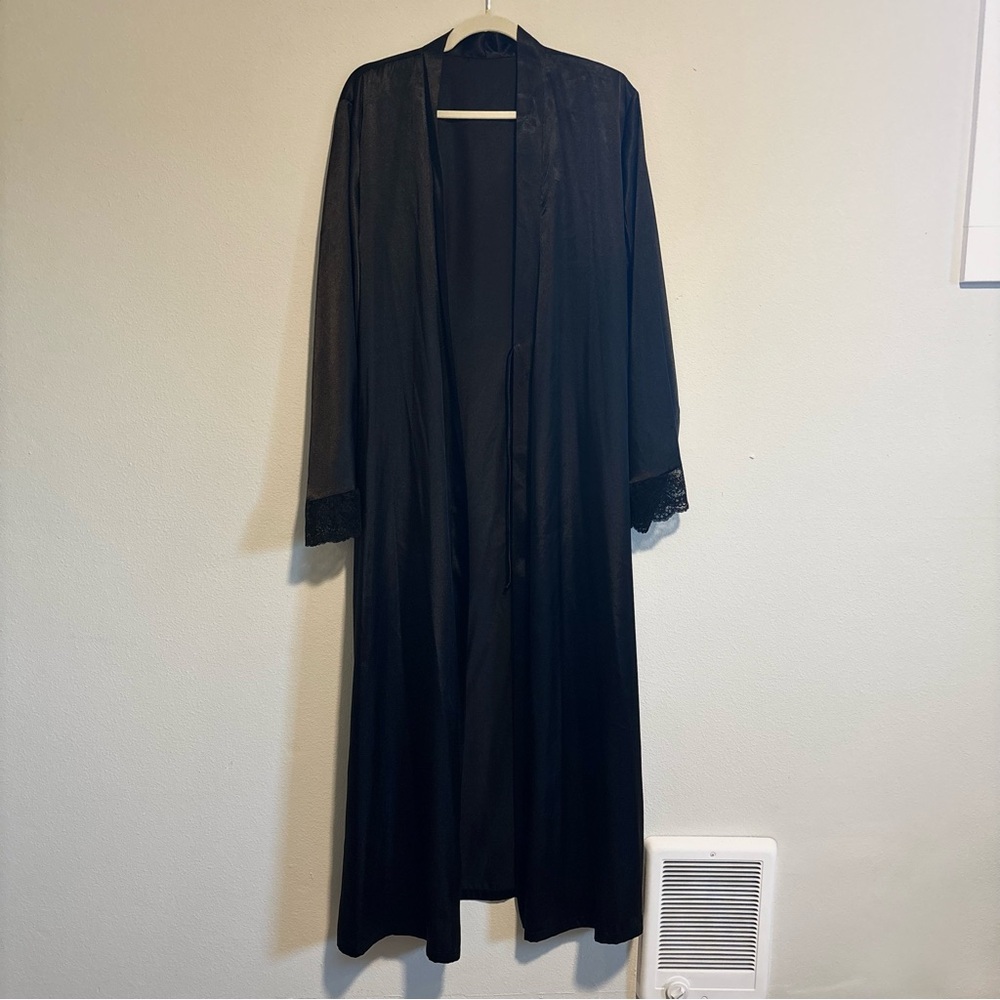 Black Long Satin Robe with Lace Trim - Women Intimates & Sleepwear
